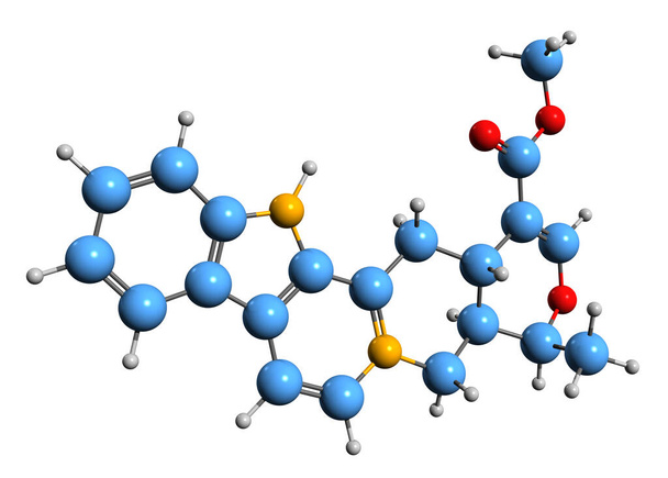  3D-зображення скелетної формули Серпантину - молекулярна хімічна структура алкалоїду, ізольована на білому тлі
 - Фото, зображення