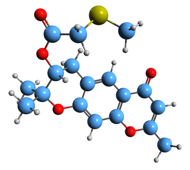  3D obraz formuły szkieletowej seseliryny - molekularna struktura chemiczna chromonu izolowanego na białym tle - Zdjęcie, obraz