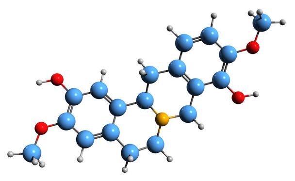  3D obraz scoulerinového kosterního vzorce - molekulárně chemická struktura benzylisochinolinalkaloidu Diskretamin izolovaný na bílém pozadí - Fotografie, Obrázek