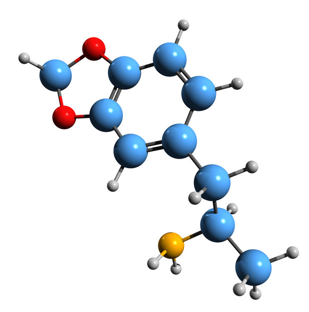 Image 3D de la formule squelettique méthylènedioxyamphétamine - structure chimique moléculaire de la drogue psychédélique isolée sur fond blanc - Photo, image