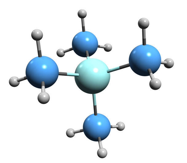  A Tetrametil-szilán vázképlet 3D-s képe - a fehér alapon izolált szerves szilícium vegyület molekuláris kémiai szerkezete - Fotó, kép