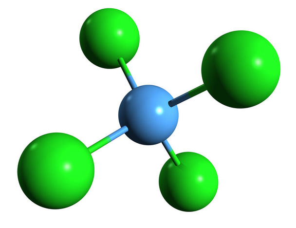  Imagen 3D de la fórmula esquelética de tetracloruro de carbono: estructura química molecular de Benziforme aislada sobre fondo blanco - Foto, imagen