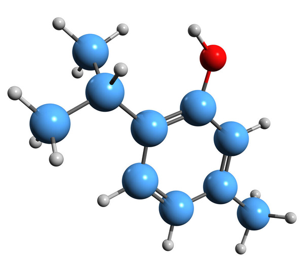  Tymolin luustokaavan 3D-kuva - 2-isopropyyli-5-metyylifenolin molekyylikemiallinen rakenne eristettynä valkoisella pohjalla - Valokuva, kuva