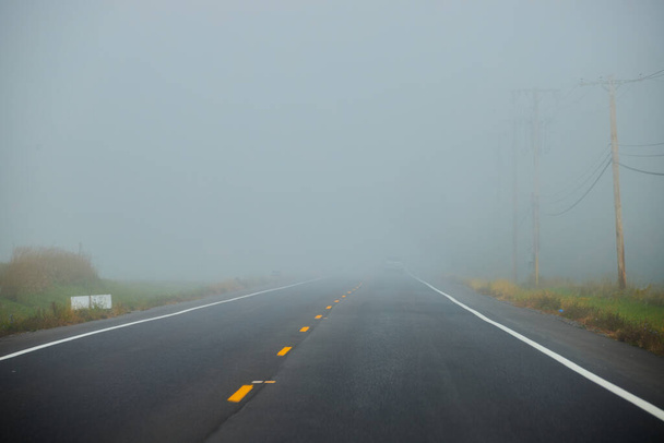 Зображення дуже туманної дороги вранці на сільськогосподарських угіддях з рядком телефонних полюсів і автомобіля на відстані
 - Фото, зображення