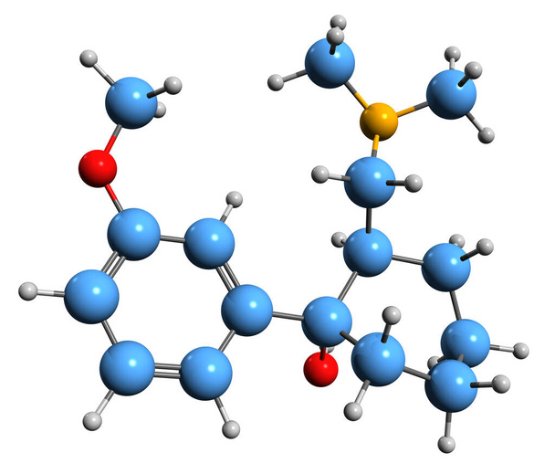  Obraz 3D formuły szkieletowej Tramadol - molekularna struktura chemiczna opioidowych leków przeciwbólowych wyizolowanych na białym tle - Zdjęcie, obraz
