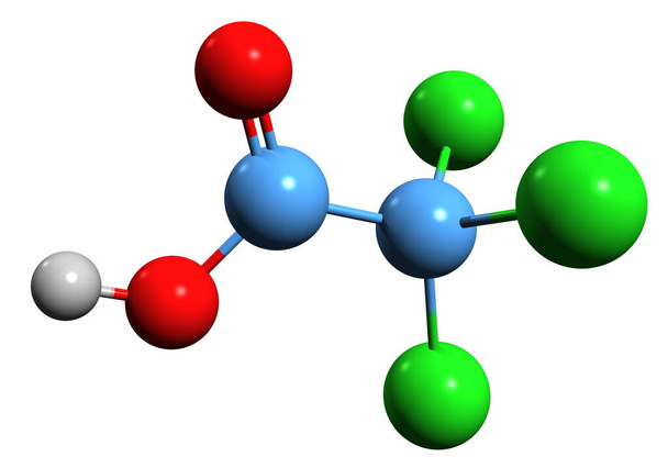  A triklór-ecetsav vázképlet 3D-s képe - triklór-etánsav molekuláris kémiai szerkezete fehér alapon izolálva - Fotó, kép
