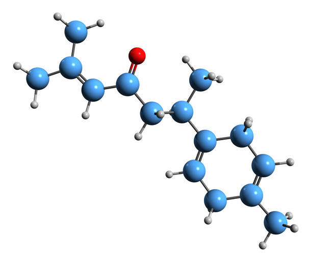  Obraz 3D formuły szkieletowej Turmerone - molekularna struktura chemiczna seskwiterpenoidu izolowanego na białym tle - Zdjęcie, obraz