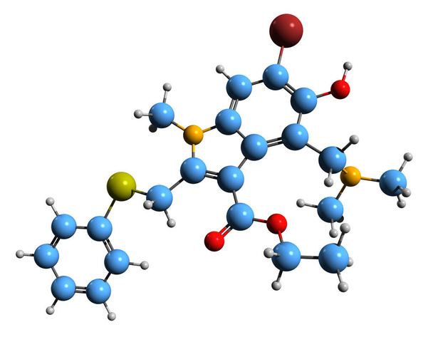  Immagine 3D della formula scheletrica di Umifenovir - struttura chimica molecolare del farmaco antivirale isolato su sfondo bianco - Foto, immagini