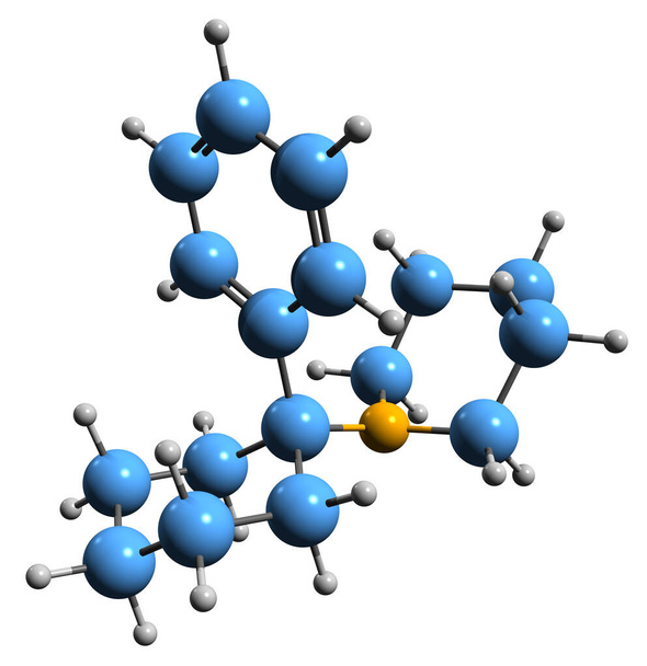  3D-Aufnahme der Phencyclidin-Skelettformel - molekulare chemische Struktur von Phenylcyclohexylpiperidin isoliert auf weißem Hintergrund - Foto, Bild