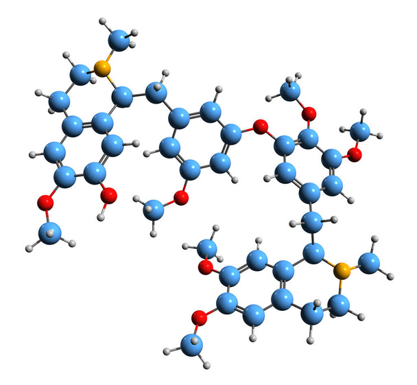 Immagine 3D della formula scheletrica di Fetidine - struttura chimica molecolare dell'alcaloide bisbenzilisochinolinico isolato su sfondo bianco - Foto, immagini