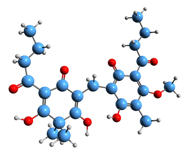  3D изображение скелетной формулы флаваспидина - молекулярная химическая структура фитохимической выделенной на белом фоне - Фото, изображение