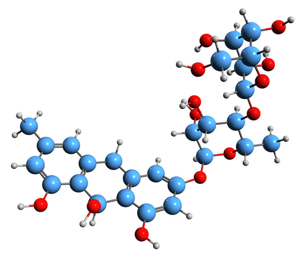  Imagen 3D de la fórmula esquelética frangularósido - estructura química molecular del glucósido antrónico aislado sobre fondo blanco - Foto, Imagen