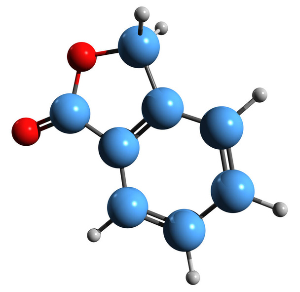 3D зображення фтальєвої скелетної формули - молекулярна хімічна структура гамма-лактону Фтхаланону ізольована на білому тлі. - Фото, зображення