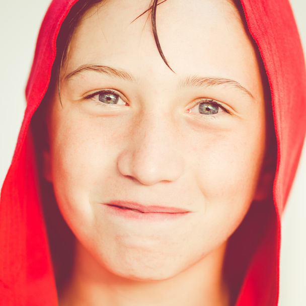 Funny boy with red bathrobe - Foto, Imagen