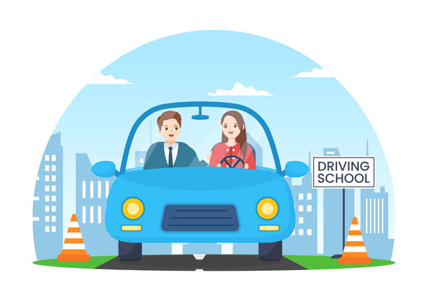Escola de Condução com Processo Educativo de Treinamento de Carros e Aprendendo a Conduzir para Obter a Licença de Condutores em Modelos Desenhados à Mão de Desenhos Animados Planos Ilustração - Vetor, Imagem
