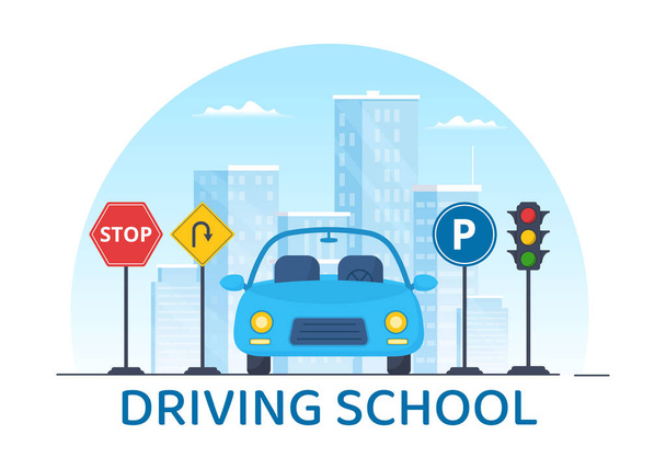車のトレーニングの教育プロセスとフラット漫画ハンドドローテンプレートでドライバのライセンスを取得するために駆動することを学ぶと学校を運転イラスト - ベクター画像