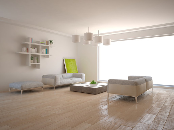 White minimal interior with panoramic windows and modern furniture -3D rendering - Fotografie, Obrázek