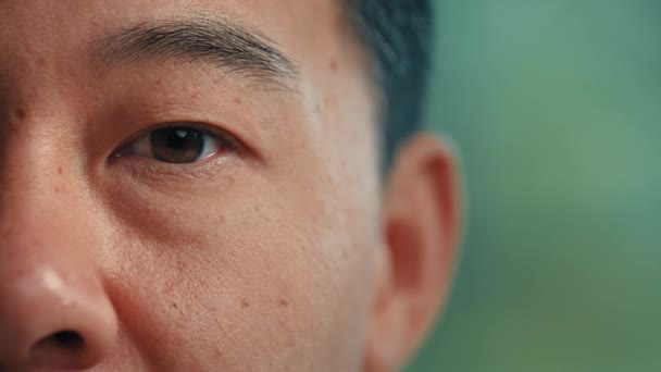 Close-up macro shooting of male asian dark eyes korean chinese japanese ethnic man healthy 40s patient. Wrinkly face mature senior businessman client looking at camera ophthalmology medicine concept - Footage, Video