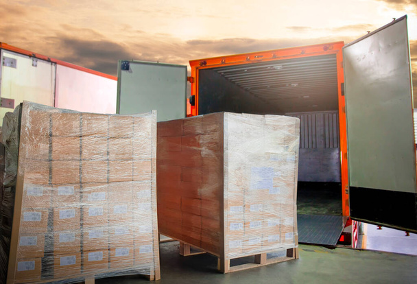 Packaging Boxes Wrapped Plastic Stacked on Pallets Loading into Cargo Container. Shipping Trucks. Supply Chain Shipment Boxes. Distribution Supplies Warehouse. Freight Truck Transport Logistics. - Photo, Image