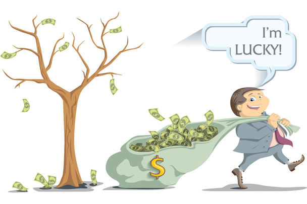 Счастливчик-бизнесмен тащит сумку с деньгами с дерева денег
 - Вектор,изображение