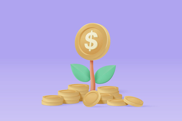3D-s pénzfa növény érme dollár. Üzleti profit befektetés, pénzügy oktatás, jövedelem, üzletfejlesztési koncepció. 3D-s pénzmegtakarítás vektor ikon banki render illusztráció - Vektor, kép