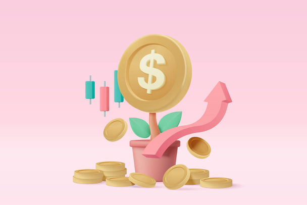 3d money tree plant with coin dollar. Business profit investment, finance education, earning income, business development concept. 3d money trade vector icon for banking render illustration - Vector, Image