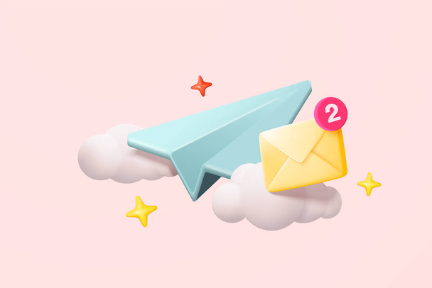 3d carta aereo posta icona sul cloud per inviare un nuovo messaggio. Minima e-mail inviata lettera ai social media di marketing online. Iscriviti alla newsletter. Illustrazione del rendering vettoriale dell'icona del volo aereo 3d - Vettoriali, immagini