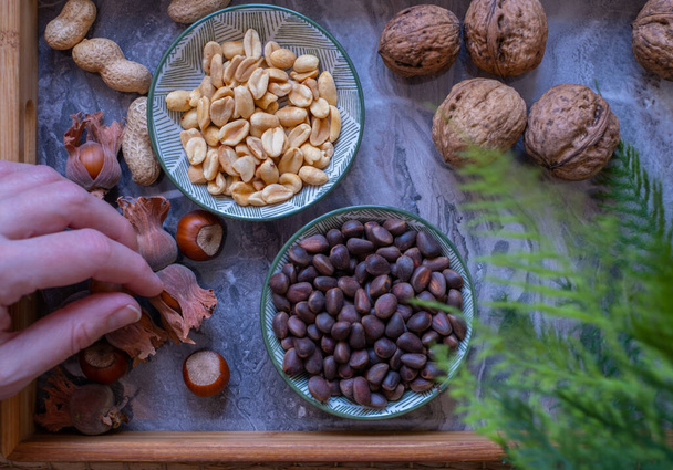 A variety of nuts in bowls from top view. Walnuts, hazelnut, peanut and pine nuts, mix selection. Healthy fitness super food - Photo, Image