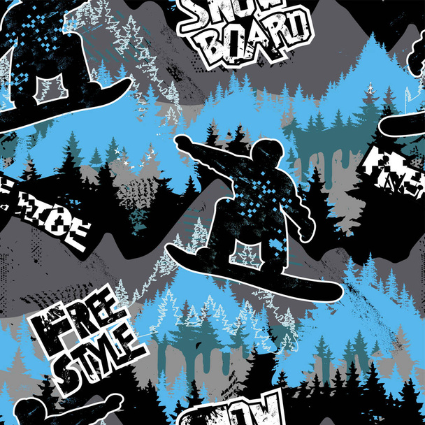 Helder naadloos patroon met snowboarders. Sport winter achtergrond met snowboards. Patroon voor sportkleding, textiel, inpakpapier en meer. - Vector, afbeelding