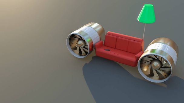 3D-illustratie van een rode bank en vloerlamp met straalturbines aan de zijkanten, kopieerruimte. comfortabel taveling, snelle vlucht boeking concept. template voor reclame. - Foto, afbeelding