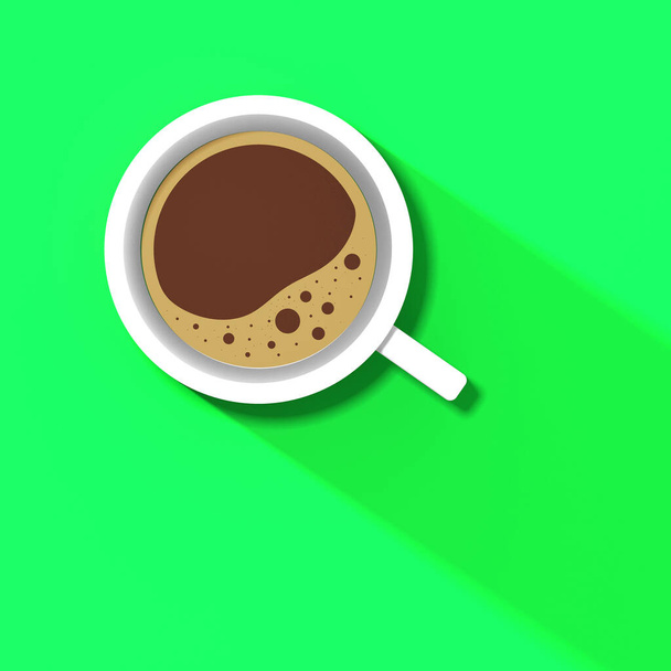 una taza de café blanco sobre fondo verde. sombra larga de la taza. bebida vigorizante. imagen cuadrada. Imagen 3D. Renderizado 3D. - Foto, imagen
