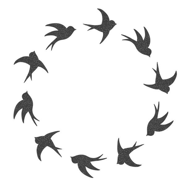 Scratched silhouette style flying swallows circle frame - Vettoriali, immagini
