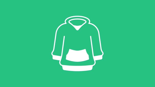 Weißes Kapuzenpullover-Symbol auf grünem Hintergrund. Kapuzen-Sweatshirt. 4K Video Motion Grafik Animation. - Filmmaterial, Video