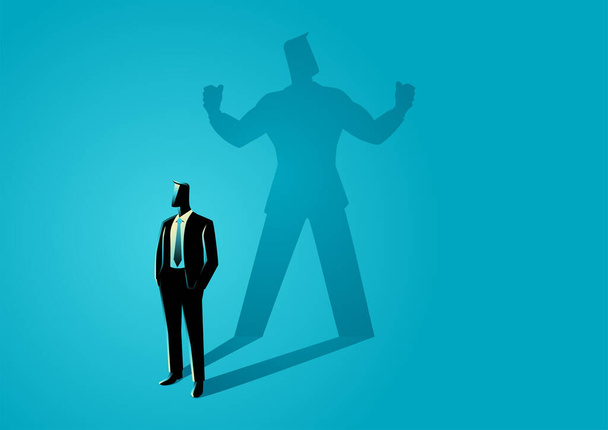 Businessman standing and casting a shadow of a strong superhero, ego, confident, determination, vector illustration - Vector, Image
