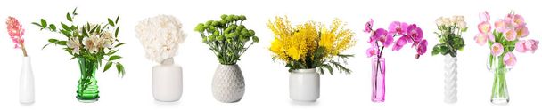 Set schöner frischer Blumen in stilvollen Vasen auf weißem Hintergrund - Foto, Bild