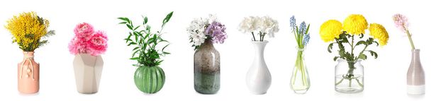 Коллекция красивых свежих цветов в стильных вазах на белом фоне - Фото, изображение
