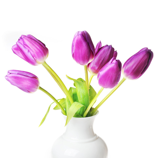 Violet tulips in vase - Fotoğraf, Görsel