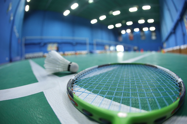 Badminton White Feather Shuttle On court - Photo, Image