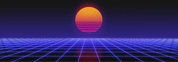 3D abstraktní retrowave 80. let, cyberpunk pozadí s kopírovacím prostorem, neonová perspektiva mřížka - Fotografie, Obrázek