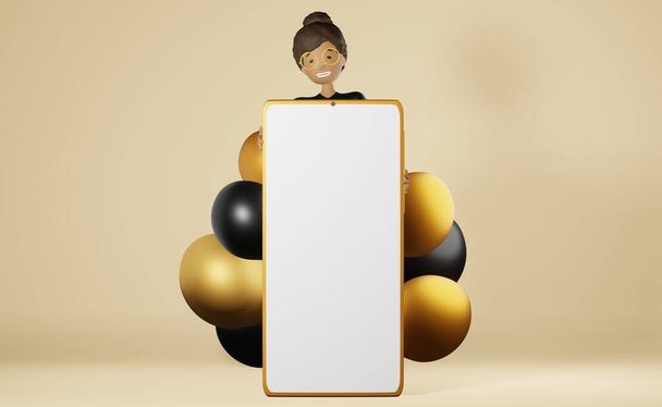 Heureuse fille afro-américaine jette un coup d'oeil à partir d'un grand smartphone maquette fond beige rendu 3D app design.Freelance travail Étude publicement.Cartoon multiethnique personnage mobile gadget écran ballons - Photo, image