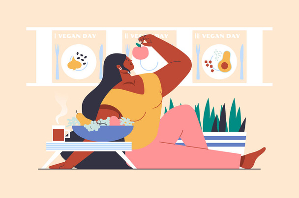 Vegetarianism concept with people scene in flat design. Woman follows veggie diet, eating fresh vegetables and fruits and cooking healthy meals. Illustration with character situation for web - Photo, Image