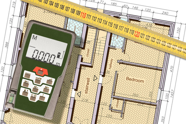 Medição de precisão e levantamento de um edifício residencial - conceito com dispositivo de medição a laser - Foto, Imagem