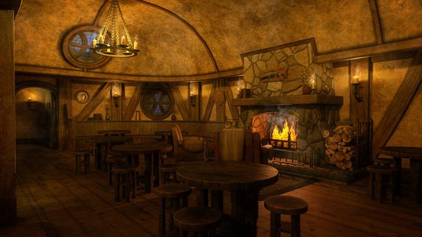 Средневековый бар таверны с открытым камином, горящим вечером при свечах. 3D иллюстрация. - Фото, изображение