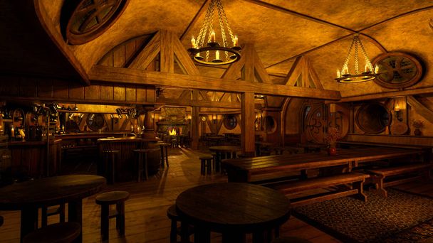Bar taverna medievale interno con accogliente atmosfera a lume di candela e camino. Illustrazione 3D. - Foto, immagini