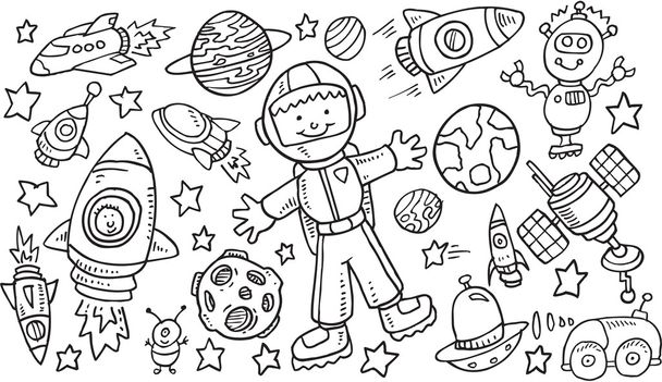 Outer Space Doodle Vector Illustration Art Set - Вектор,изображение