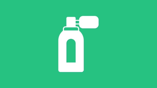 Botella Aftershave blanca con icono atomizador aislado sobre fondo verde. Icono de spray de Colonia. Frasco de perfume masculino. Animación gráfica de vídeo 4K. - Metraje, vídeo