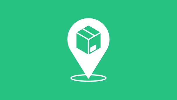 White Location with cardboard box icon isolated on green background. Delivery services, logistic and transportation, distribution. 4K Video motion graphic animation. - Footage, Video