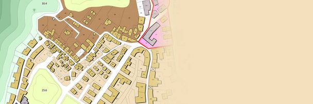 Mapa catastral imaginario de territorio con edificios, carreteras y parcela de tierra - ilustración conceptual con espacio de copia - Foto, imagen