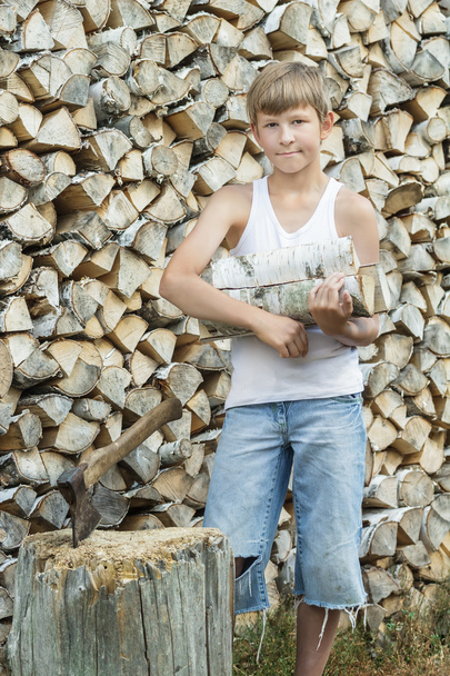 Porträt eines Teenagers auf einem Brennholzstapel - Foto, Bild