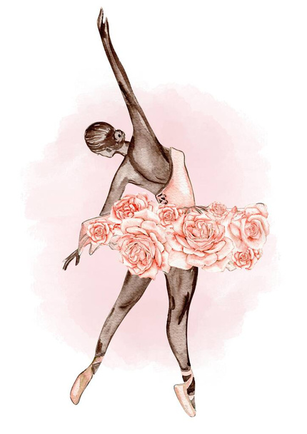 Ręcznie rysowane akwarela szablon tańczącej baleriny z kwiatem i koronką. Różowa śliczna balerina. Ręcznie rysowany akwarela ilustracja. Zdjęcia plakatów, zaproszeń, pocztówek, tła i plakatów - Zdjęcie, obraz